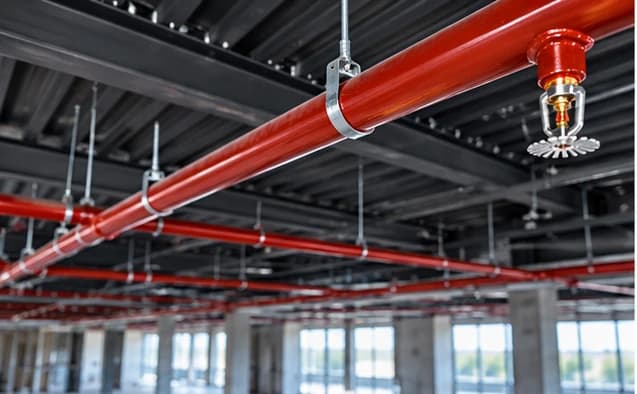 Red commercial fire sprinkler pipe and a pendant sprinkler head below an exposed ceiling